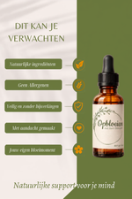 Overzicht van de kenmerken van Opbloeien: natuurlijke ingrediënten, geen allergenen, veilig en zonder bijwerkingen, met aandacht gemaakt en jouw eigen bloeimoment