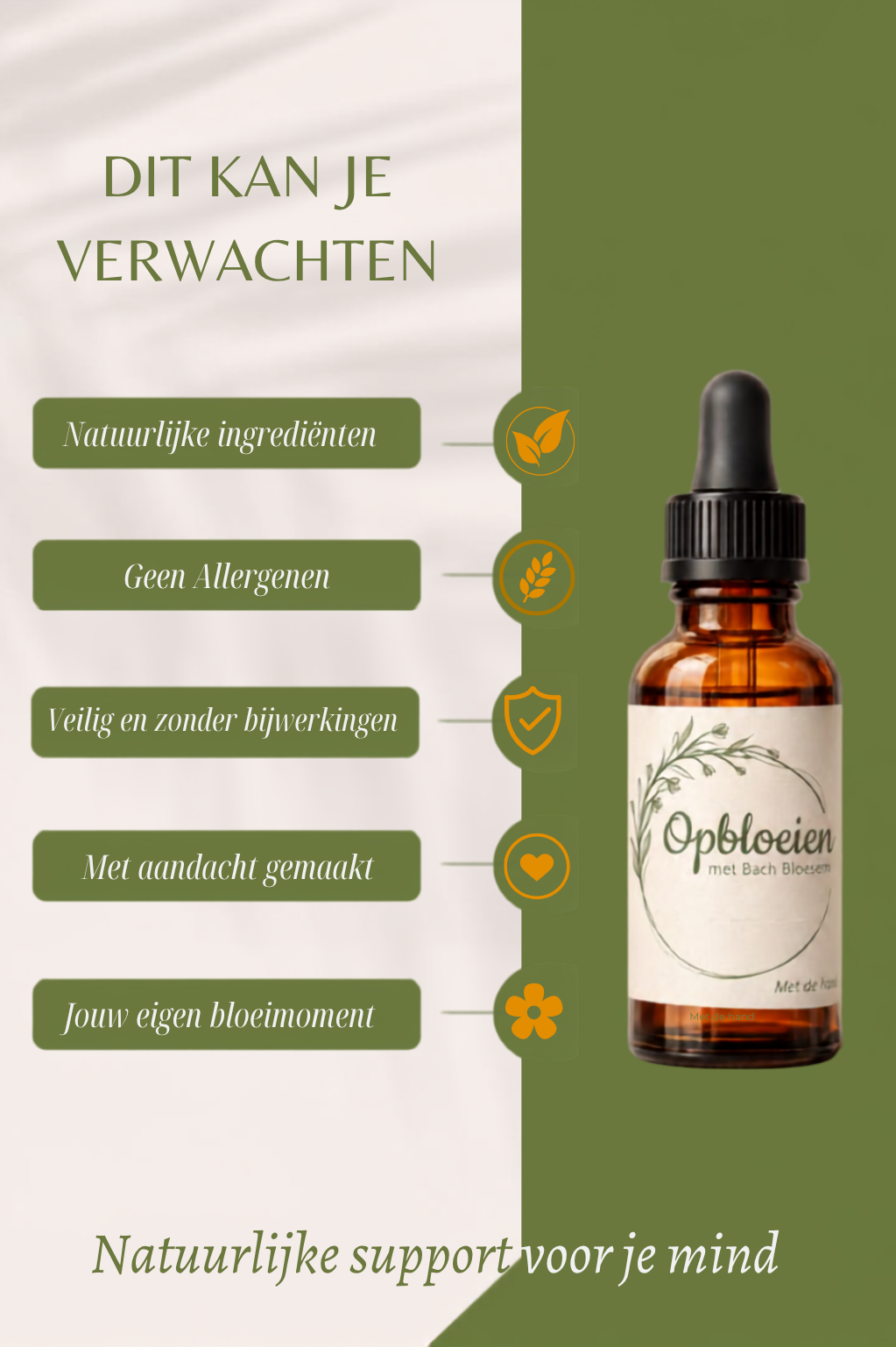 Overzicht van de kenmerken van Opbloeien: natuurlijke ingrediënten, geen allergenen, veilig en zonder bijwerkingen, met aandacht gemaakt en jouw eigen bloeimoment