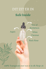 Overzicht van de Bach remedies in Safe Inside: Star of Bethlehem, Aspen, White Chestnut en Rock Rose
